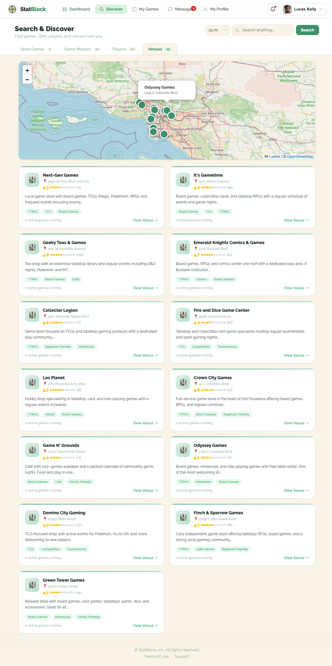 StatBlock search and discover interface with map