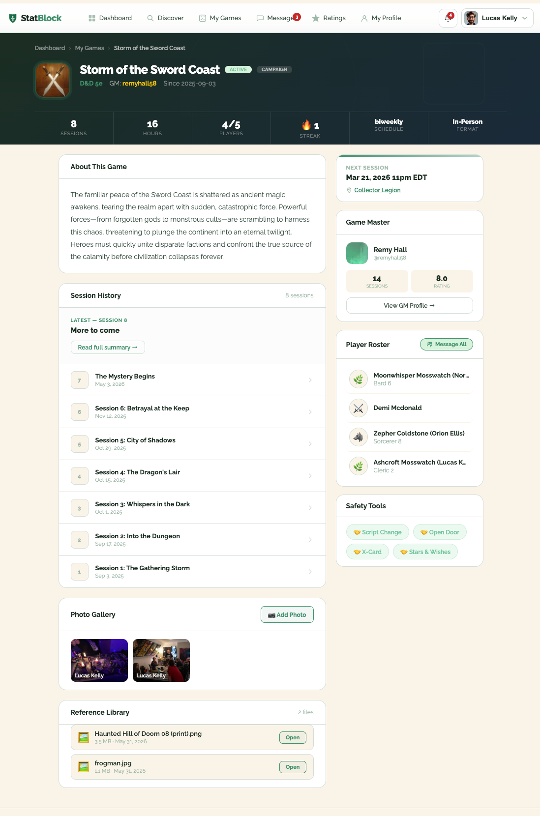 StatBlock dashboard showing active campaigns and nearby games