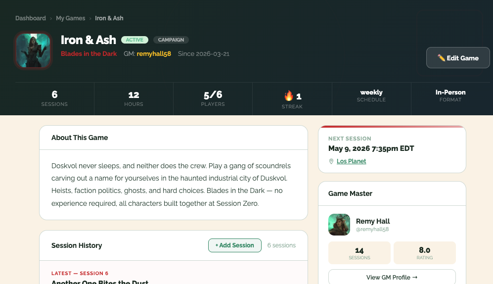 StatBlock game management interface