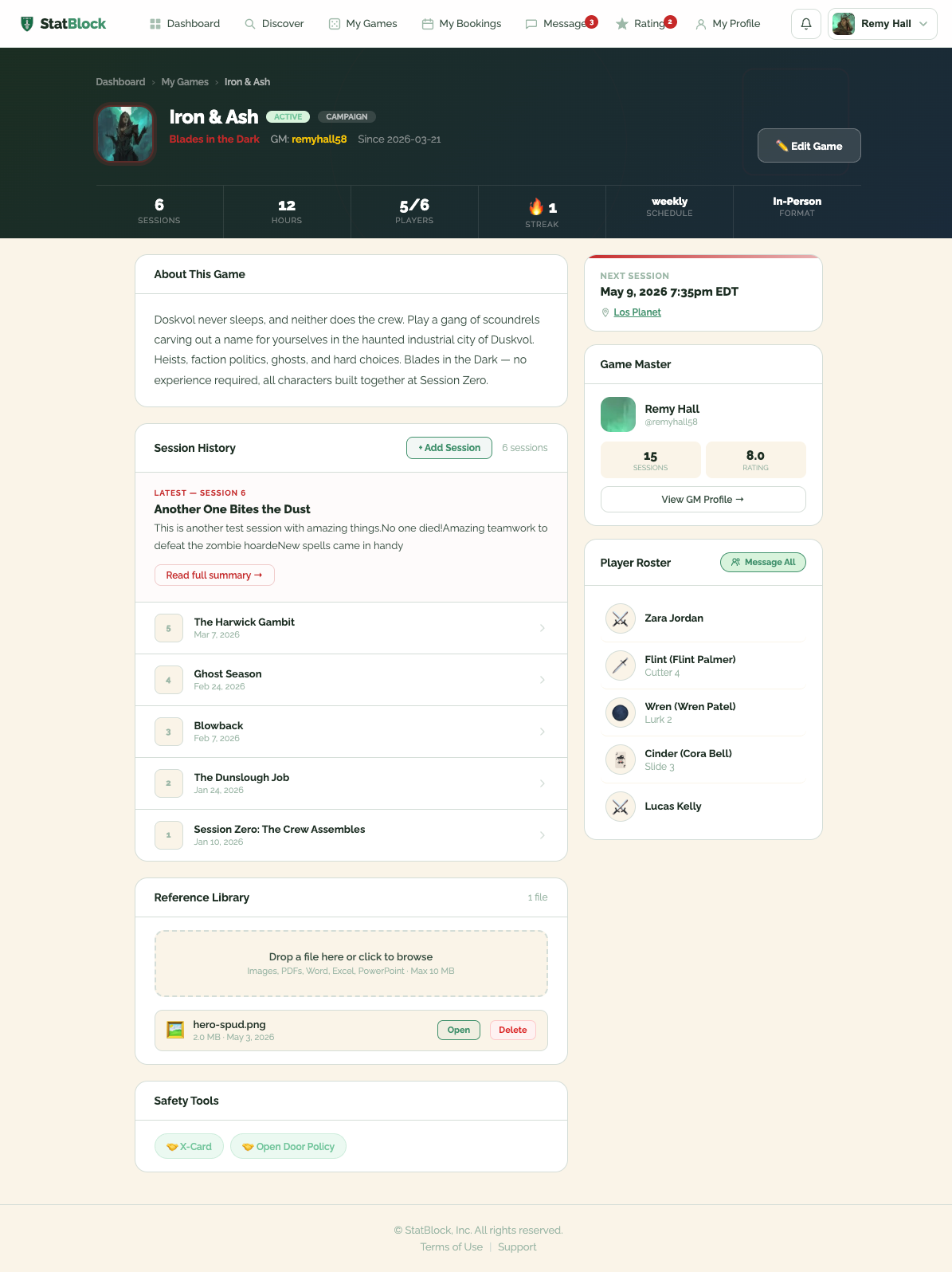 StatBlock GM dashboard showing campaign management and player rosters
