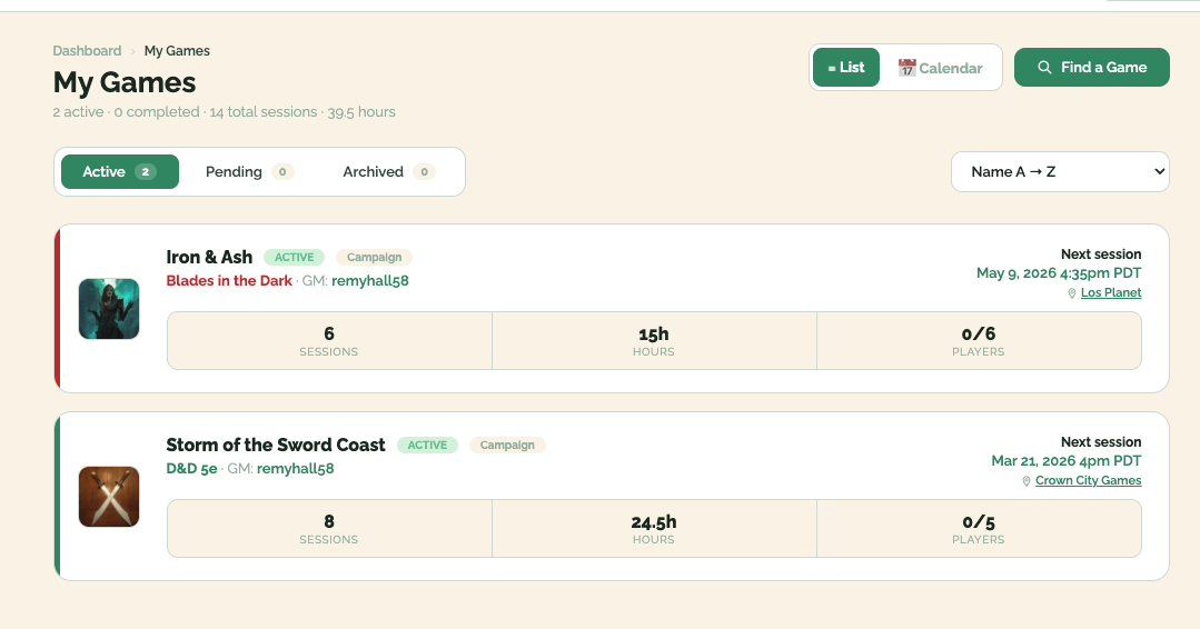 StatBlock game management interface