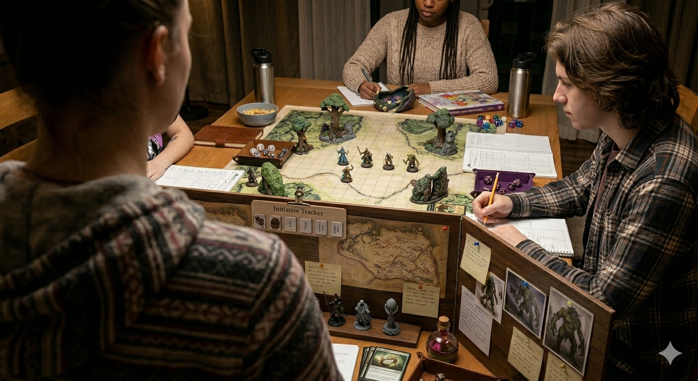 Game Master running a session with players around a map