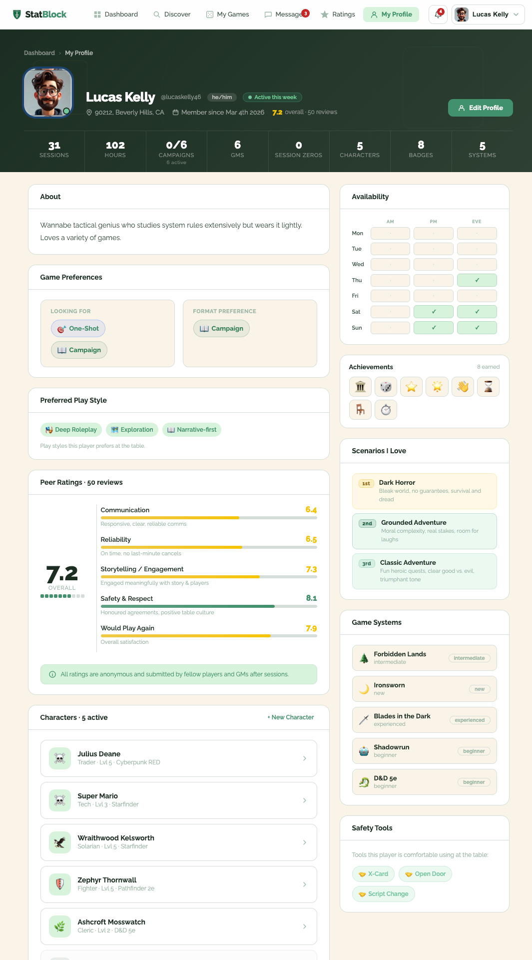 StatBlock player profile showing characters and active campaigns