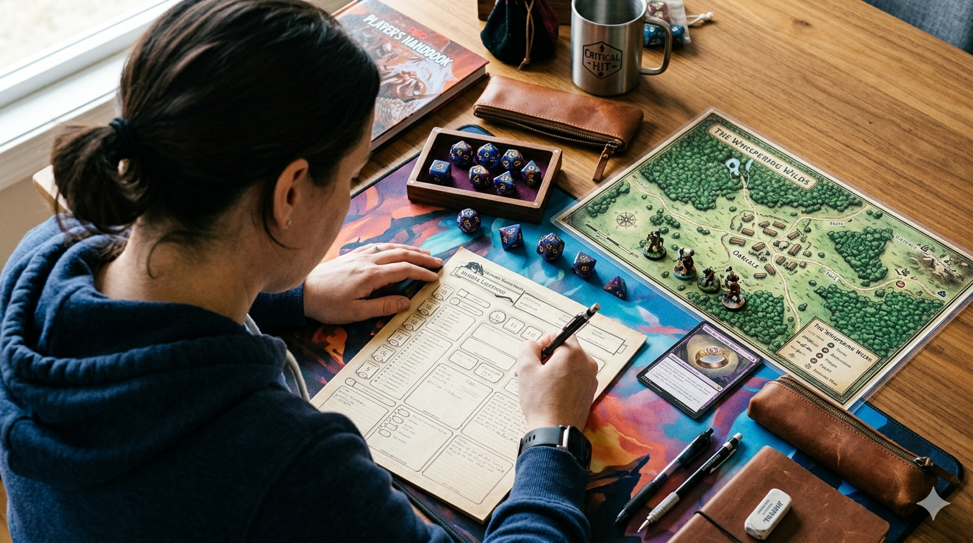 Player filling out a character sheet at the gaming table