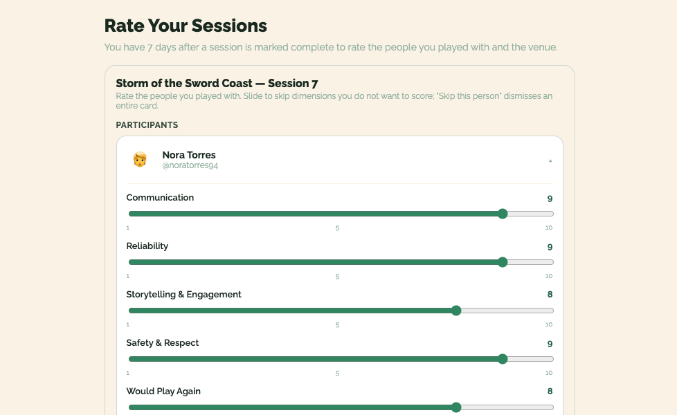 Rate Your Sessions interface showing per-dimension sliders