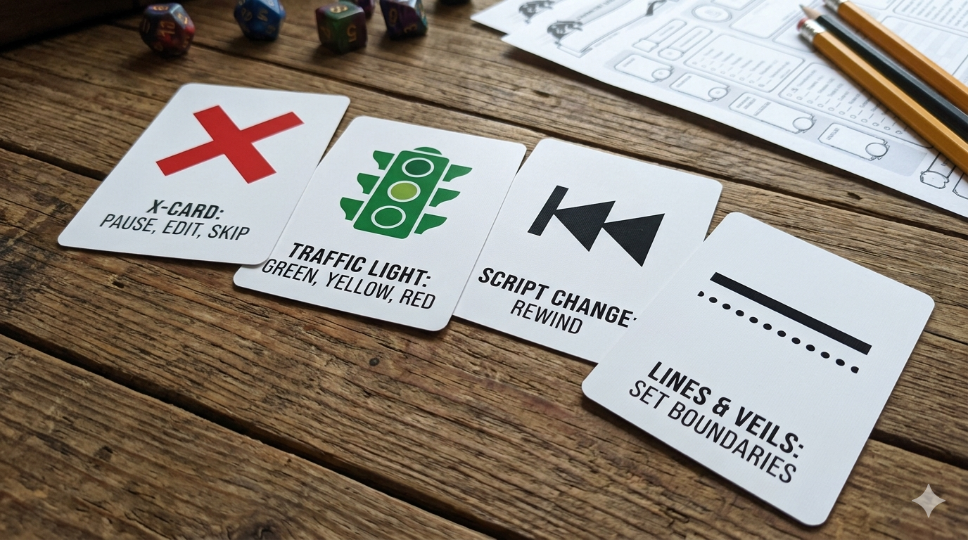 TTRPG safety tool cards including X-Card, Traffic Light, Script Change, and Lines & Veils