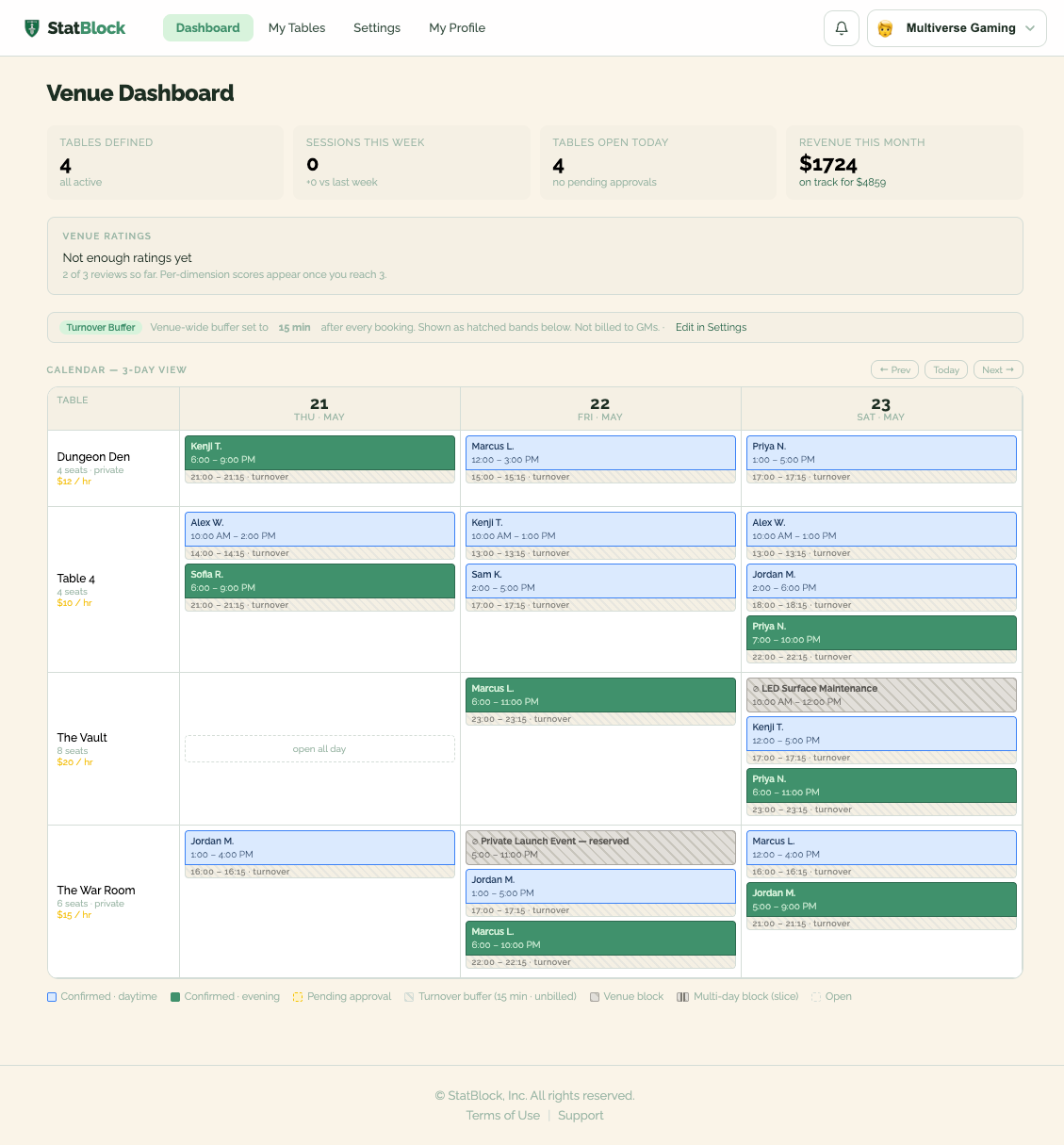StatBlock venue dashboard showing event calendar and RSVP management
