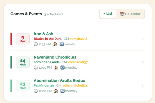 Games and events list view