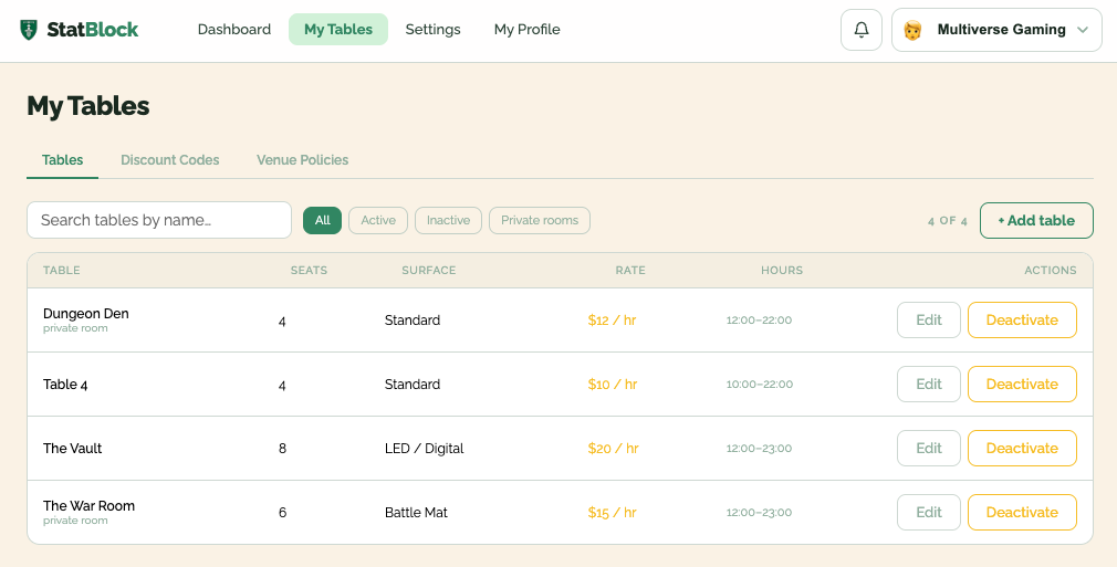 StatBlock venue table management showing tables, rates, and hours