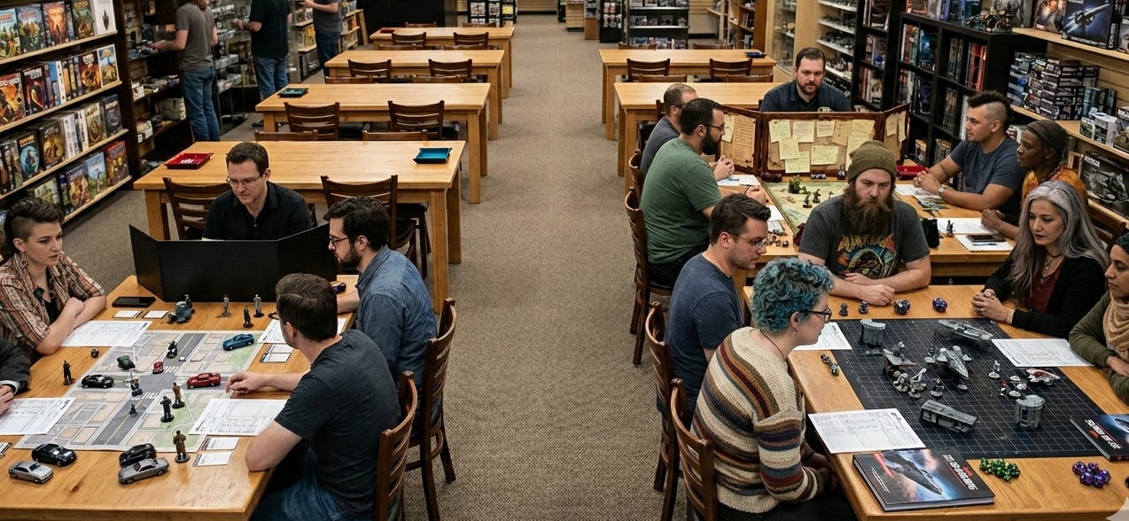 A busy game store with players at multiple tables