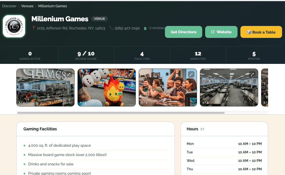 Millenium Games venue profile on StatBlock